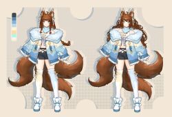  1girl absurdres animal_ears asinile bell blue_eyes braid brown_fur brown_hair english_commentary fox_ears fox_girl fox_tail hair_ribbon hekkin_eko heterochromia highres indie_virtual_youtuber jingle_bell low_twin_braids multiple_hairstyles multiple_tails navel off_shoulder over-kneehighs reference_sheet ribbon sleeves_past_wrists solo tail thigh-highs twin_braids virtual_youtuber white_ribbon yellow_eyes 