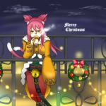  1girl animal_ears bell belt blazblue boots cat_ears cat_tail coffee glasses gloves jacket knee_boots kokonoe long_hair merry_christmas multiple_tails pantyhose paw_gloves pibiko pince-nez pink_hair ponytail railing solo tail yellow_eyes 