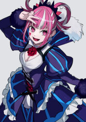  1girl blunt_bangs cross-laced_clothes cross-laced_dress dress facial_mark fire_emblem fire_emblem_engage folded_twintails fur_wrist_cuffs hair_flaps hair_rings hand_up heart heart_facial_mark highres hortensia_(fire_emblem) looking_at_viewer multicolored_hair multicolored_tiara open_mouth oramustat pink_eyes pink_hair sidelocks simple_background solo striped_clothes striped_dress two-tone_hair v vertical-striped_clothes vertical-striped_dress white_background wrist_cuffs 