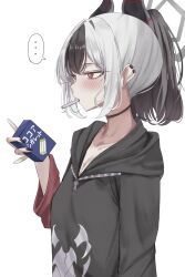  ... 1girl black_choker black_hair black_hoodie black_sleeves blue_archive blush choker cigarette cigarette_pack commentary_request earclip from_side hair_intakes highres holding holding_cigarette_pack hood hood_down hoodie kayoko_(blue_archive) long_sleeves mole mole_on_shoulder multicolored_hair non_non427 ponytail red_eyes red_sleeves short_hair simple_background solo speech_bubble spoken_ellipsis standing two-tone_hair two-tone_sleeves white_background white_hair 