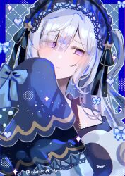  1girl artist_name bare_shoulders black_ribbon blue_border blue_dress blue_hairband border bow closed_mouth dress dress_bow frilled_dress frilled_hairband frilled_sleeves frills gothic_lolita grid_background hair_over_one_eye hair_ribbon hairband highres lolita_fashion lolita_hairband long_hair long_sleeves looking_at_viewer mahou_shoujo_no_majo_saiban natsume_an-an off-shoulder_dress off_shoulder polka_dot polka_dot_bow pout ribbon rikako0229 signature sleeve_bow sleeves_past_fingers sleeves_past_wrists solo twitter_username violet_eyes white_hair wide_sleeves 