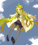  1girl ahoge blonde_hair bolt franken_fran glasgow_smile highres labcoat long_hair madaraki_fran outstretched_arms pantyhose shoes skirt solo stitches very_long_hair yaozhiligenius yellow_eyes 
