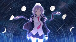 1girl absurdres gyari_(imagesdawn) highres kibou_no_tsuki_(vocaloid) looking_at_viewer miniskirt moon moon_phases necktie shooting_star short_hair_with_long_locks skirt sky star_(sky) star_trail starry_sky violet_eyes vocaloid voiceroid yuzuki_yukari