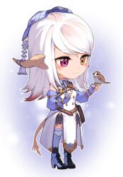  animal artist_name au_ra belt bird black_shoes black_socks blue_background blue_bow blue_shoes blue_sleeves blue_thighhighs bow chibi chibi_only detached_sleeves final_fantasy final_fantasy_xiv fingerless_gloves gloves gradient_background gradient_hair hair_bow hair_ornament harness heterochromia high_heels highres holding holding_animal holding_bird horn_ornament horn_ring horns looking_at_animal looking_down multicolored_hair multicolored_shoes pink_eyes popsi pouch puffy_sleeves red_hair shoelaces shoes sidelocks smile socks swept_bangs thigh-highs two-tone_legwear two-tone_shoes warrior_of_light_(ff14) white_background white_hair white_horns white_scales yellow_eyes 
