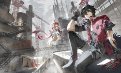  1boy 3girls absurdres animal_ear_fluff animal_ears arknights arknights:_endfield belt black_gloves black_hair blonde_hair cape closed_mouth dress endministrator_(arknights) female_endministrator_(arknights) fingerless_gloves gloves gun handgun high-waist_belt highres holding holding_gun holding_weapon hood hooded_cape jacket jyon_(xrmn8737) long_hair looking_at_viewer low-tied_sidelocks multiple_girls perlica_(arknights) red_cape red_jacket rossi_(arknights) scar scar_on_cheek scar_on_face short_hair sidelocks tail weapon white_dress wolf_boy wolf_ears wolf_girl wolf_tail wulfgard_(arknights) yellow_eyes 