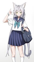 1girl absurdres animal_ear_fluff animal_ears arknights bag blue_choker blue_sailor_collar blue_skirt bow bowtie cat_ears cat_girl cat_tail choker commentary_request green_bow green_bowtie green_eyes grey_hair hair_tie_on_wrist hand_up highres kneehighs looking_at_viewer messenger_bag pleated_skirt rosmontis_(arknights) sailor_collar sailor_shirt school_uniform serafuku shaka_sign shirt shoulder_bag skirt socks solo tail toki_(yoyobozi) white_shirt white_socks 