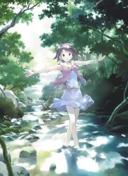  1girl bare_arms bracelet brown_eyes brown_hair commentary_request crossed_legs day dress forest highres jacket jewelry kikuchi_yume looking_at_viewer mahou_tsukai_ni_taisetsu_na_koto nature official_art open_mouth outdoors outstretched_arms partially_unbuttoned pink_jacket rock short_hair sleeveless sleeveless_jacket smile solo spread_arms standing stream tree wading watson_cross white_dress yoshizuki_kumichi 