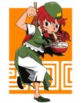  1girl braid china_dress chinese_clothes chopsticks eating food hat hong_meiling long_hair noodles onikobe_rin redhead solo star touhou 