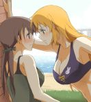  2girls arm_support blue_eyes blush breasts brown_hair charlotte_e_yeager eye_contact gertrud_barkhorn kisetsu long_hair looking_at_another multiple_girls orange_hair short_hair strike_witches tank_top 