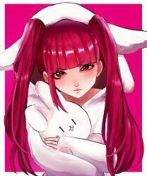  1girl animal_ear_headwear bleach bleach:_sennen_kessen-hen blunt_bangs blush border chata_ocha closed_mouth commentary dokugamine_riruka eyelashes frown hat highres holding holding_stuffed_toy lips long_hair looking_at_viewer nose official_alternate_costume outside_border pink_background red_eyes red_hair simple_background single_sidelock sleeves_past_wrists solo stuffed_animal stuffed_rabbit stuffed_toy twintails upper_body v-shaped_eyebrows very_long_hair white_border white_hat |_| 