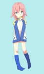  1boy androgynous blue_background blue_eyes fusion inazuma_eleven_(series) inazuma_eleven_go inazuma_eleven_go_chrono_stone kariya_masaki kirino_ranmaru long_hair male no_pants no_shoes pink_hair raimon riyu_(yulevy) simple_background smile socks solo track_jacket 