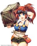  1girl arm_up armband armpits blue_eyes box breasts cleavage gloves long_hair midriff navel original ponytail pouch redhead rope shorts solo suoni_(deeperocean) wiping_forehead 