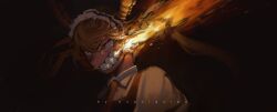  1girl absurdres apron artist_name black_background blonde_hair breath_weapon breathing_fire clenched_teeth commentary dim_lighting dragon_horns english_commentary fire floating_hair from_side highres horns kobayashi-san_chi_no_maidragon maid maid_apron maid_headdress necktie nopal_garpu open_mouth red_eyes sharp_teeth shirt solo teeth tohru_(maidragon) twintails white_shirt wide_mouth yellow_horns yellow_necktie 