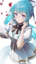  1girl absurdres adjusting_eyewear akashi_myu aqua_hair belt black_bow black_bowtie blue_eyes book bow bowtie collared_dress commentary_request cowboy_shot cross cross_necklace dress falling_petals glasses hair_bow highres holding holding_book indie_virtual_youtuber jewelry light_blush long_hair necklace open_book pantyhose parted_lips petals pleated_dress ponytail puffy_short_sleeves puffy_sleeves red_petals rimless_eyewear shadow short_sleeves simple_background solo standing virtual_youtuber white_background white_bow white_dress white_pantyhose yorunychtanatch 