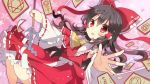  1girl ascot black_hair blush bow detached_sleeves dress gohei hair_bow hair_tubes hakurei_reimu long_sleeves looking_at_viewer open_mouth red_dress red_eyes shiroi_hakuto solo spell_card touhou wide_sleeves 