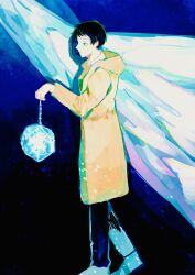  1boy absurdres adachi_tooru black_hair blue_background coat from_side full_body green_eyes highres holding holding_lantern hood hood_down hooded_coat lantern long_sleeves male_focus persona persona_4 short_hair solo vv5vvv05 walking yellow_coat 