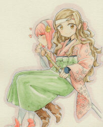  2girls 7mmnote alternate_costume boots brown_eyes brown_hair closed_eyes commentary_request fire_emblem fire_emblem_fates hairband hana_(fire_emblem) hand_on_sheath headband heart high_heel_boots high_heels highres japanese_clothes kimono long_hair looking_at_viewer multiple_girls painting_(medium) pink_hair pink_kimono sakura_(fire_emblem) simple_background smile solo_focus traditional_media watercolor_(medium) white_hairband white_headband 