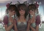  3girls animal_ears bow breasts brown_eyes brown_hair cat_ears cleavage glasses hair_bow hjl large_breasts long_hair looking_at_viewer maid multiple_girls original smile twintails 