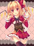  1girl alternate_costume black_legwear blonde_hair blush brooch crystal doughnut fang flandre_scarlet jewelry open_mouth red_eyes ribbon saichuu short_hair side_ponytail skirt smile solo thighhighs touhou wings 