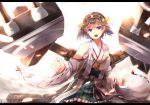  1girl bare_shoulders blue_eyes brown_hair clenched_hands detached_sleeves hairband headgear hiei_(kantai_collection) highres japanese_clothes kantai_collection letterboxed nontraditional_miko open_mouth personification ribbon_trim sakura_ani short_hair skirt solo 
