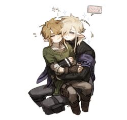  2boys blonde_hair blue_eyes blush couple cropped_legs earrings gloves green_tunic heart highres hug implied_yaoi isa-415810 jewelry link multiple_boys oc_x_canon pointy_ears shirt sitting sitting_on_person the_legend_of_zelda the_legend_of_zelda:_twilight_princess tunic white_shirt 