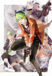  3boys 3girls bandages black_hair double_bun enrico_pucci fingerless_gloves foo_fighters formal gloves green_eyes green_hair gun hermes_costello jojo_no_kimyou_na_bouken kuujou_jolyne multiple_boys multiple_girls narciso_anasui sarashi skirt_suit suit thigh-highs weapon weather_report white_hair zluu 