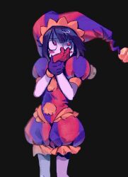  1girl asymmetrical_gloves black_background blue_eyes blue_gloves blue_hat blush covering_own_mouth feet_out_of_frame gloves hand_over_own_mouth hat highres jester jester_cap jester_costume looking_to_the_side multicolored_eyes own_hands_together pomni_(the_amazing_digital_circus) purrpranolol red_eyes red_gloves red_hat simple_background solo the_amazing_digital_circus two-tone_eyes two-tone_hat 