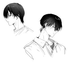  1boy absurdres alternate_hair_length_(longer) buttons commentary_request cropped_shoulders dress_shirt greyscale hair_tie highres hikaru_ga_shinda_natsu low_ponytail male_focus mole mole_on_cheek mole_on_neck mole_under_eye mole_under_mouth monochrome multiple_moles multiple_views nemui_neko open_collar ponytail shirt short_hair short_ponytail simple_background t-shirt tsujinaka_yoshiki undershirt white_background 