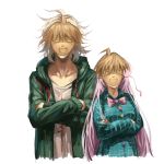  1boy 1girl bow crossed_arms crossover dangan_ronpa hata_no_kokoro hoodie komaeda_nagito mask naegi_makoto pink_hair plaid plaid_shirt ruukii_drift super_dangan_ronpa_2 touhou white_hair 