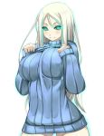  1girl aqua_eyes blush breasts glowing glowing_eyes highres kantai_collection large_breasts long_hair looking_at_viewer naked_sweater personification ribbed_sweater shiki_(psychedelic_g2) shinkaisei-kan silver_hair simple_background smile solo sweater ta-class_battleship turtleneck turtleneck_sweater white_background 