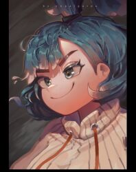  1girl antenna_hair artist_name bad_link blue_eyes blue_hair blunt_bangs from_side grey_background hair_behind_ear hair_tie highres hololive hololive_indonesia kobo_kanaeru liquid_hair looking_to_the_side medium_hair messy_hair multicolored_hair nopal_garpu portrait smile solo sweater two-tone_hair white_hair white_sweater 