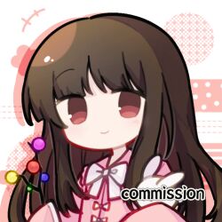  +++ 1girl bow branch brown_eyes brown_hair chinese_commentary closed_mouth commentary commission fby1313133 holding holding_branch houraisan_kaguya inaba_mob_(touhou) jeweled_branch_of_hourai long_hair long_sleeves looking_at_viewer pink_shirt rabbit shirt sleeves_past_fingers sleeves_past_wrists smile solo touhou upper_body watermark white_bow 
