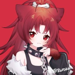  1girl animal_ears black_collar black_jacket black_tank_top blush bone_hair_ornament chain closed_mouth collar commentary fang fang_out hair_ornament highres jacket kemonomimi_mode long_hair long_sleeves looking_at_viewer mahou_shoujo_madoka_magica mahou_shoujo_madoka_magica_(anime) open_clothes open_jacket parted_bangs red_background red_eyes red_hair roro_(lolo) sakura_kyoko simple_background solo spiked_collar spikes tank_top twitter_username untranslatable_commentary wolf_ears wolf_girl 