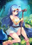  1girl ahoge belt blue_hair blush boots breasts cape circlet cleavage collarbone dragon_quest dragon_quest_iii dress elbow_gloves forest gloves long_hair nature open_mouth red_eyes sage_(dq3) sitting slime_(dragon_quest) staff strapless_dress tokiame yellow_gloves 