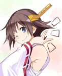  1girl bare_shoulders blue_eyes breasts brown_hair bust detached_sleeves hand_on_neck hiei_(kantai_collection) highres japanese_clothes kantai_collection no_bra nontraditional_miko personification short_hair sideboob smile solo ushiki_yoshitaka wink 