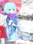  2girls animal_ears black_legwear blue_eyes blue_hair heterochromia highres mikoma_sanagi mouse_ears multiple_girls nazrin oriental_umbrella pantyhose red_eyes scarf short_hair silver_hair smile snow tatara_kogasa touhou umbrella 