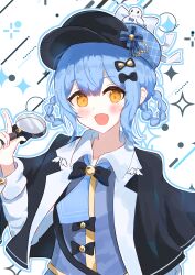  1girl absurdres bird_hat_ornament black_bow black_bowtie black_capelet black_hat blue_hair blue_necktie blue_vest bow bowtie braid braided_hair_rings capelet collared_shirt commentary_request deerstalker h1a0t6 hair_bow hair_rings hat hat_bow highres holding holding_magnifying_glass long_sleeves looking_at_viewer magnifying_glass mahou_shoujo_no_majo_saiban necktie open_mouth shirt short_hair smile solo tachibana_sherry upper_body vest white_shirt yellow_eyes 