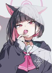  1girl animal_ears black_choker black_hair black_hoodie black_jacket blue_archive candy cat_ears choker colored_inner_hair commentary extra_ears food green_sailor_collar hair_ornament hairclip halo highres holding holding_candy holding_food holding_lollipop hood hood_down hooded_jacket hoodie jacket kazusa_(blue_archive) lollipop long_sleeves looking_at_viewer multicolored_hair neckerchief open_mouth pink_eyes pink_hair pink_halo pink_neckerchief red_eyes sailor_collar school_uniform short_hair simple_background solo two-tone_hair upper_body usukawa_(uskw_sr) 