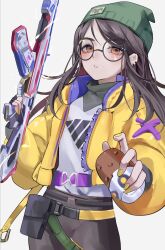  1girl absurdres beanie black_gloves black_hair black_pants blush brown_eyes brown_hair commentary glasses gloves green_hat hat highres holding holding_weapon jacket killjoy_(valorant) long_hair looking_at_viewer pants partially_fingerless_gloves round_eyewear simple_background solo tokkieee_qian valorant weapon white_background yellow_jacket 