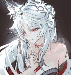  1girl animal_ears bare_shoulders breasts collarbone commentary_request detached_sleeves finger_to_mouth fox_ears fox_girl gradient_hair hair_ornament hand_up highres hsin_(wuthering_waves) jewelry large_breasts looking_at_viewer multicolored_hair necklace red_eyes salmon_fish7 sketch white_hair wuthering_waves 