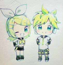  1boy 1girl :d absurdres antenna_hair belt black_sailor_collar black_shorts blush bon_bon_eee bow chibi commentary_request cropped_shirt detached_sleeves full_body green_eyes hair_bow hair_ornament hairclip hands_on_own_hips headphones headset highres kagamine_len kagamine_rin leg_warmers let's_draw_short-haired_hinanawi_tenshi looking_at_viewer marker_(medium) medium_hair midriff navel neckerchief necktie one_eye_closed open_mouth paper_texture parallel_hairclips parted_bangs photo_(medium) ponytail sailor_collar shirt shoes short_ponytail short_shorts short_sleeves shorts sidelocks simple_background sleeveless sleeveless_shirt smile standing traditional_media vocaloid white_background white_bow white_shirt white_shoes yellow_belt yellow_neckerchief yellow_necktie 