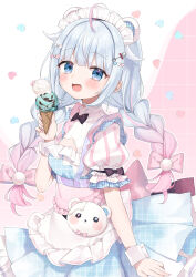  1girl ahoge animal_ears apron back_bow bear_ears black_bow blue_dress blue_eyes blue_hair blush bow braid commentary_request dress food gradient_hair grid_background hair_bow hair_ornament heart heart_hair_ornament highres holding holding_food holding_ice_cream holding_ice_cream_cone ice_cream ice_cream_cone long_hair low_twin_braids maid_apron maid_headdress multicolored_hair multiple_hair_bows open_mouth pink_background pink_bow pink_hair puffy_short_sleeves puffy_sleeves reject_(esports) shirokuma_tsurara short_sleeves solo tatsuyoshi_(zawahomura) twin_braids unmoving_pattern virtual_youtuber waffle_cone white_bow white_wrist_cuffs wrist_cuffs 