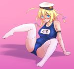  1girl blonde_hair blue_eyes breasts glasses hat i-8_(kantai_collection) kantai_collection one-piece_swimsuit personification pink_background school_swimsuit short_hair smile solo supi_(beowolf_1999) swimsuit thighhighs white_legwear 