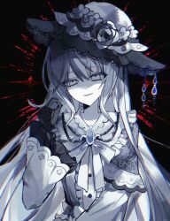  1girl black_background black_gloves brooch chinese_commentary chuanchayinlris commentary_request dress flower frilled_dress frilled_sleeves frills gloves hair_between_eyes hand_up hat hat_flower highres jewelry long_hair long_sleeves looking_at_viewer mahou_shoujo_no_majo_saiban neck_ribbon open_mouth ribbon smile solo spoilers tsukishiro_yuki upper_body white_dress white_eyes white_flower white_hair white_hat white_ribbon 