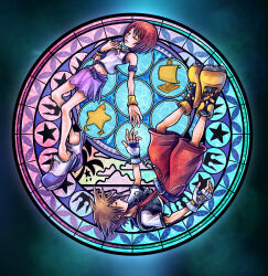  1boy 1girl bare_shoulders belt brown_hair chain chain_necklace commentary crown_necklace dive_to_the_heart english_commentary fingerless_gloves gloves highres hollypolllyy jewelry jumpsuit kairi_(kingdom_hearts) kingdom_hearts kingdom_hearts_i necklace nomura_tetsuya_(style) paopu_fruit pointy_hair purple_skirt red_hair red_jumpsuit shoes short_hair skirt sora_(kingdom_hearts) spiky_hair stained_glass tank_top white_tank_top wristband yellow_shoes 