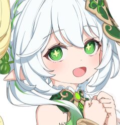  1girl commentary_request genshin_impact green_eyes green_streaks hair_between_eyes hair_ornament hand_up highres leaf_hair_ornament long_hair looking_at_viewer multicolored_hair nahida_(genshin_impact) open_mouth pointy_ears portrait simple_background solo star-shaped_pupils star_(symbol) streaked_hair symbol-shaped_pupils unfinished white_background white_hair yuu_maraa 