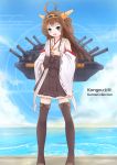  1girl ahoge bare_shoulders brown_hair clouds detached_sleeves double_bun hair_ornament hairband headgear japanese_clothes kantai_collection kongou_(kantai_collection) long_hair nontraditional_miko open_mouth personification rei-en skirt sky solo thighhighs zettai_ryouiki 