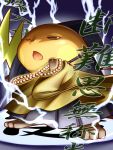  beads brown_eyes cafe_(chuu_no_ouchi) hakama hat highres japanese_clothes lightning monk no_humans open_mouth pokemon pokemon_(creature) prayer_beads raichu robe tail translation_request wink 