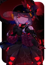  1girl absurdres bare_shoulders black_bow black_dress black_hat border bow commentary_request dress frilled_dress frilled_sleeves frills grey_hair hat hat_bow highres long_hair long_sleeves looking_at_viewer nise_dorothia original outside_border parted_lips red_background red_eyes signature solo white_border wide_sleeves 