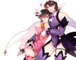  2boys amore1989 black_eyes brown_hair crossdressinging emiya_kiritsugu fate/kaleid_liner_prisma_illya fate_(series) hair_ornament hairclip illyasviel_von_einzbern kotomine_kirei magical_girl miyu_edelfelt miyu_edelfelt_(cosplay) multiple_boys parody prisma_illya thighhighs 